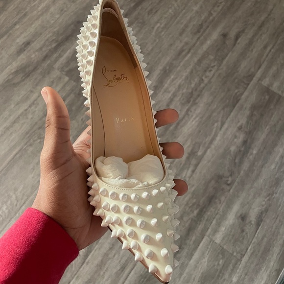 Christian Louboutin White Leather Pigalle Spikes Pointed Toe Pumps Size 38.5